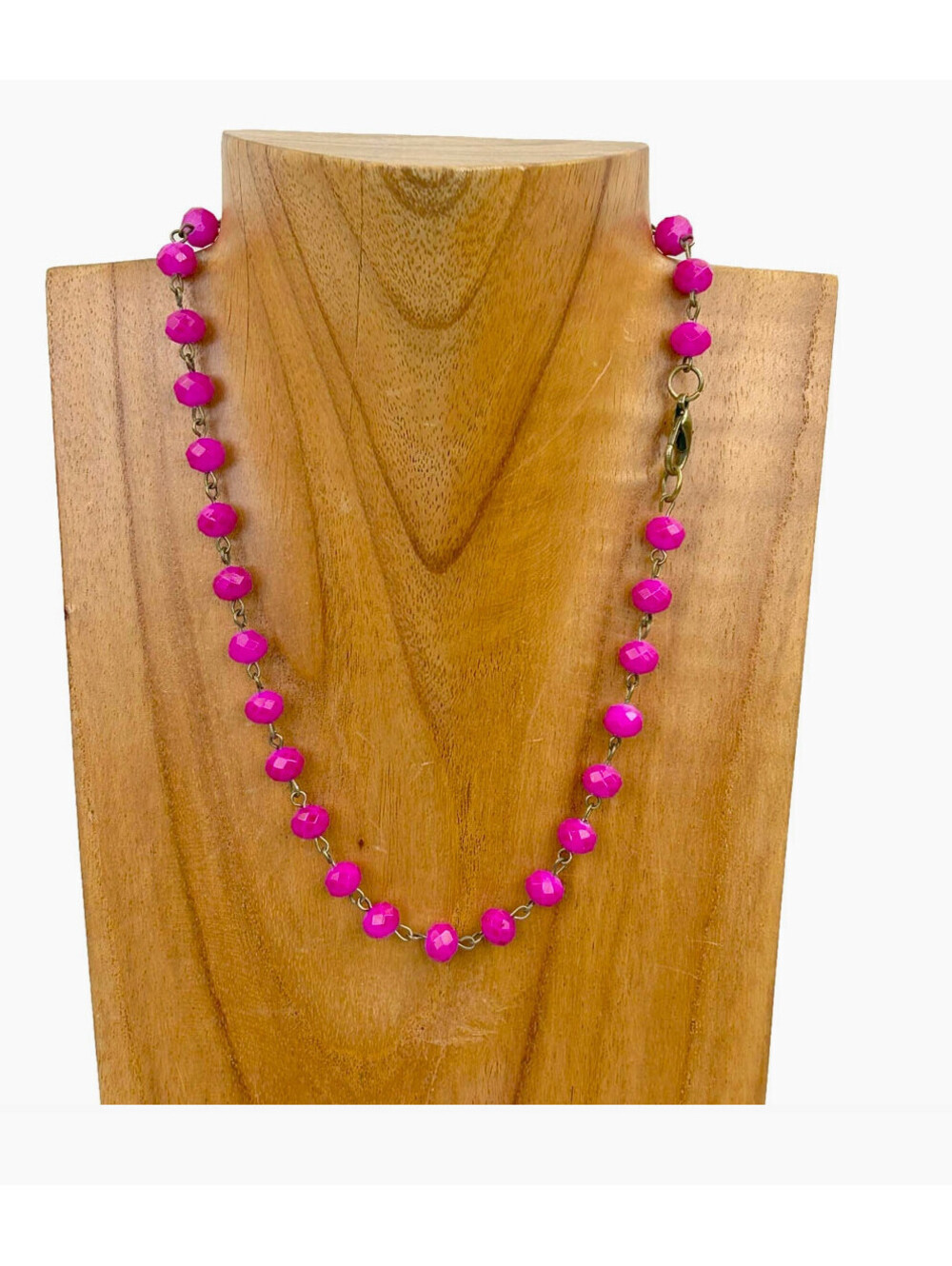Hot Pink Faceted Crystal Beaded Necklace 17” Copper Tone Chain Boho Jewelry NEW